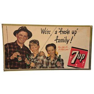 Vintage 1948 We're a Fresh up Family 7up Soda Pop Advertising Cardboard Sign
